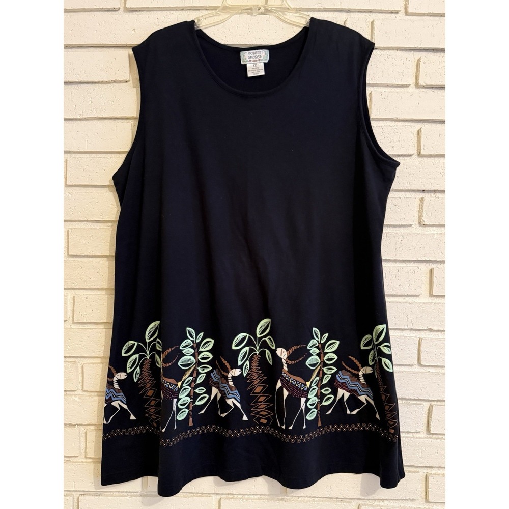 Desert Shores Size 1X Folk Art Deer Print Tunic Tank Top Tribal Art Black